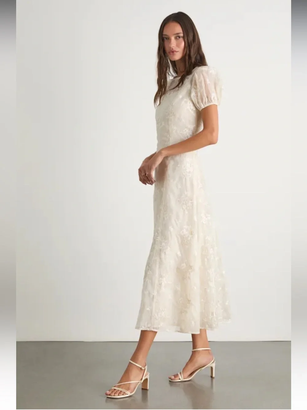 Lulus Elfrieda Cream Floral Embroidered Puff Sleeve Midi Dress Size Medium - Picture 5 of 9